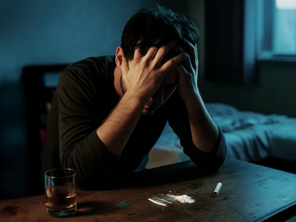 Una fotografía en plano medio que muestra a un hombre joven sentado frente a una mesa de madera en una habitación tenuemente iluminada con tonos azulados. El hombre tiene la cabeza apoyada entre sus manos, cubriendo gran parte de su rostro en un gesto de profunda desesperación, fatiga o conflicto interno. Sobre la mesa se distinguen claramente los elementos asociados al consumo: varias líneas de un polvo blanco, una pequeña cuchilla, un billete enrollado y un vaso con una bebida alcohólica de color ámbar. Al fondo, una cama desordenada refuerza la atmósfera de abandono y soledad en el contexto terapéutico de Bella Mar.