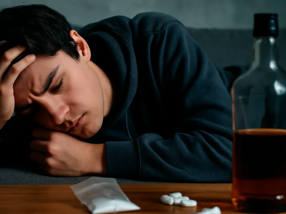 Un plano medio de un adolescente recostado sobre un sofá oscuro, con la cabeza apoyada pesadamente sobre su brazo izquierdo y los ojos cerrados en un estado de semiinconsciencia o profundo malestar. En el primer plano, sobre una mesa de madera, se disponen una botella de cristal con un líquido de color ámbar (alcohol), varias pastillas blancas de forma ovalada y una pequeña bolsa de plástico transparente que contiene un polvo blanco. La iluminación es tenue y fría, con sombras profundas que resaltan el aislamiento y el riesgo vital que representan estas sustancias en el entorno de Bella Mar.