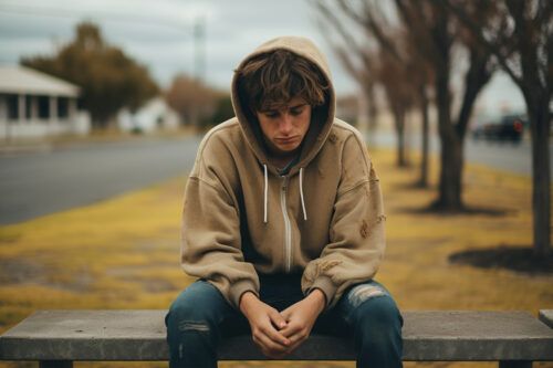 Fotografía de un joven sentado en un banco de piedra o cemento en lo que parece ser una calle o parque tranquilo. Viste una sudadera con capucha de color ocre, visiblemente desgastada, con la mirada clavada en el suelo y los hombros encogidos hacia adelante. El entorno desenfocado sugiere que, a pesar de estar en un lugar público, el individuo se encuentra encerrado en su propia realidad emocional, un síntoma común del estrés o ansiedad.