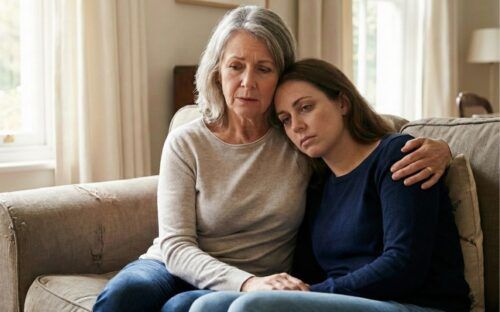 mujer anciana llora desconsolada con su hija caida en el hombro tras superar una crisis de adicción