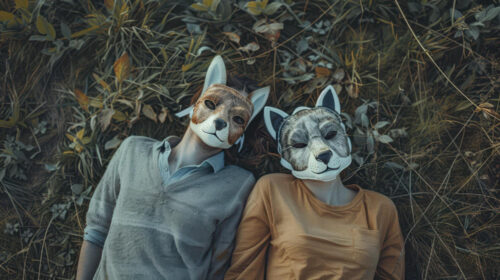 pareja con máscaras animales therian disfrutando de su soledad y tranquilidad tumbados en el bosque disfrutando de su conexión animal