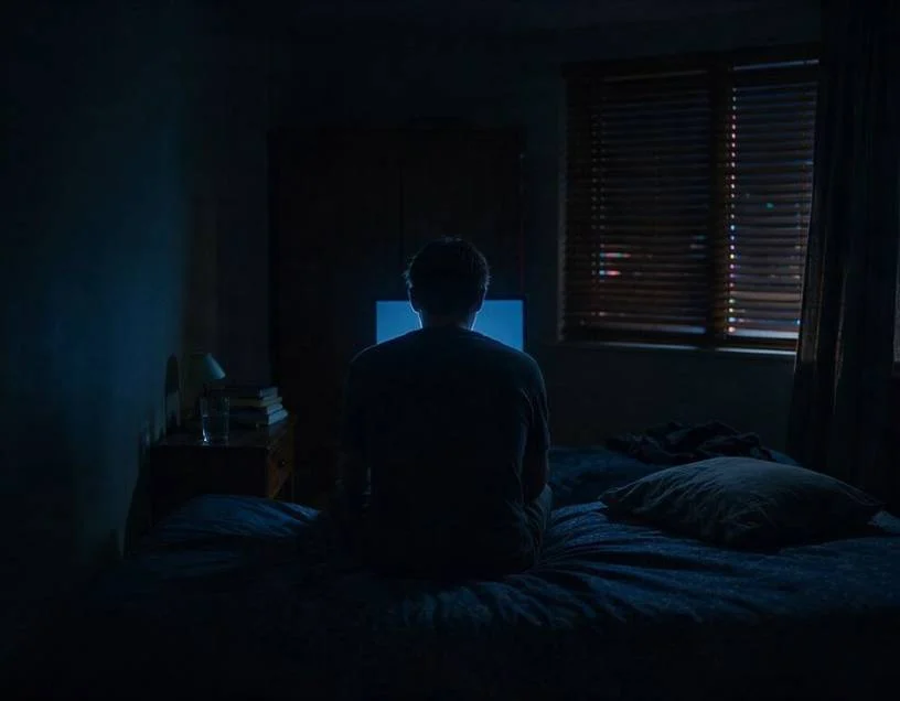 Pantalla iluminada en una habitación a oscuras