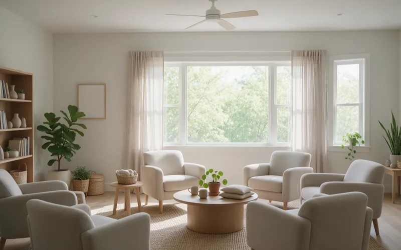 Sala de terapia con sillones en círculo preparada para una sesión de terapia familiar sistémica